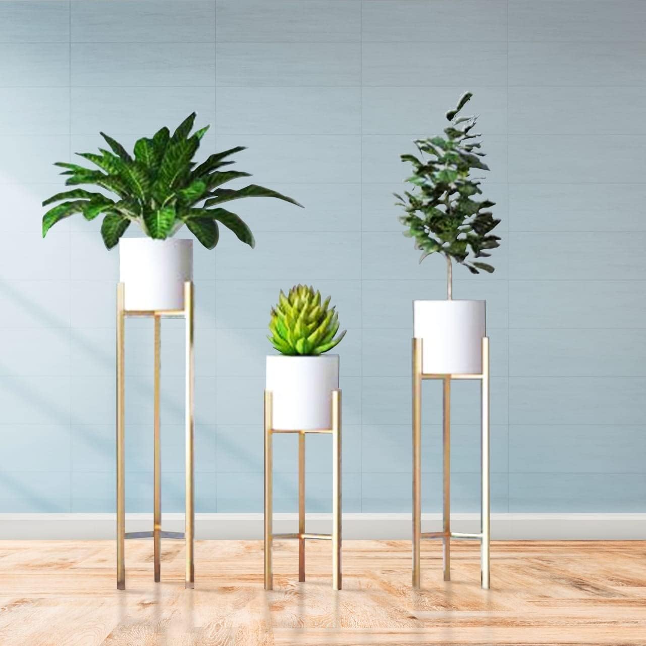 Modern Metal Floor Flower Stands Stand with Planter Set of-3 (white)