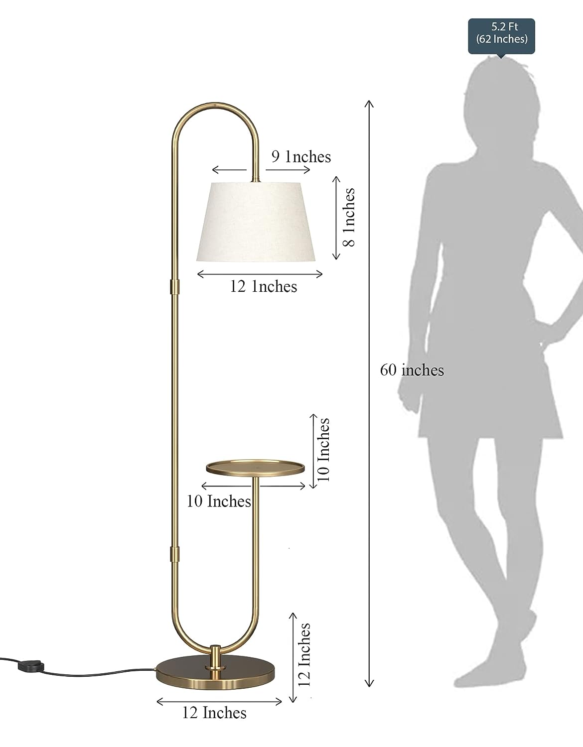 Lamp Stand Antique Brass Gold Finish 5 Feet Height 10 Inch Wide Mirror with White Lamp (1 White) LED, Lamp, CFL, Smart Bulbs