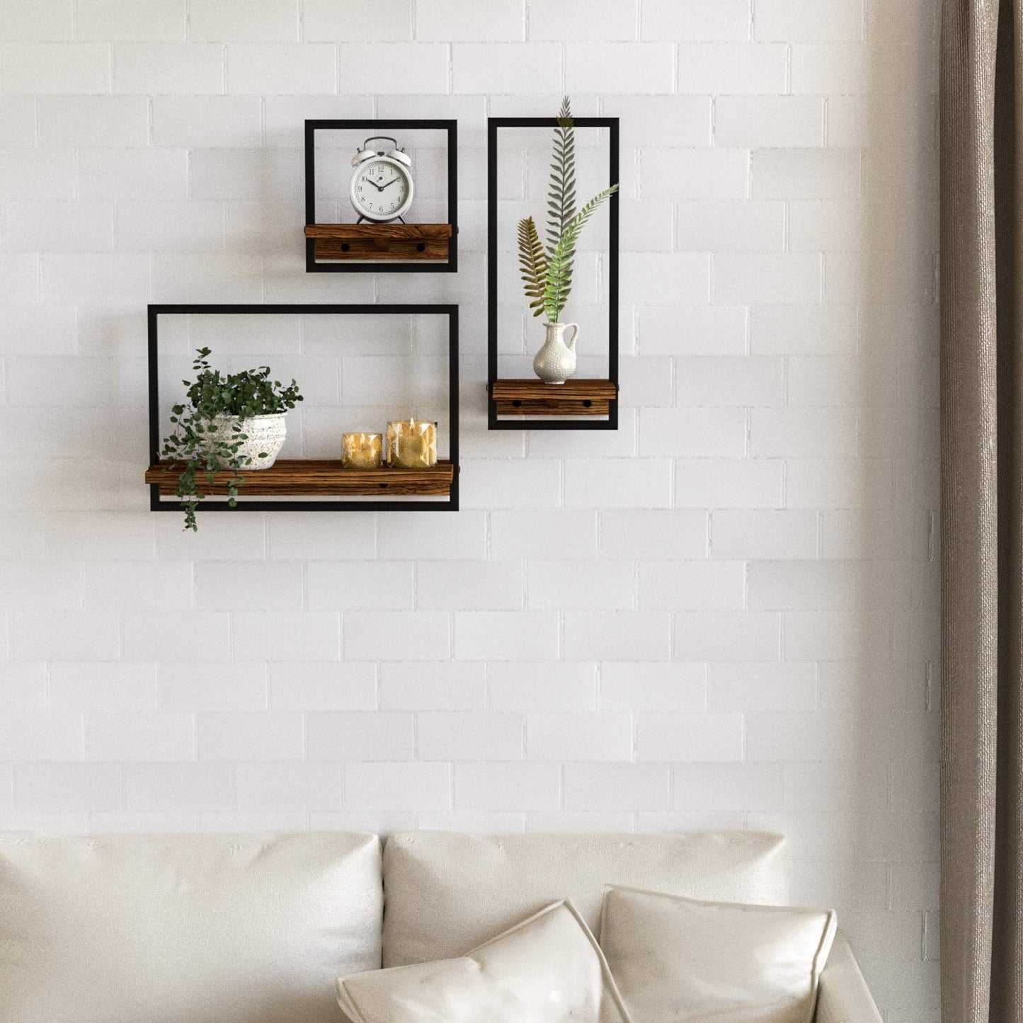 Anasay Metal Frame Rustic Wooden Floating Hanging Set of 3