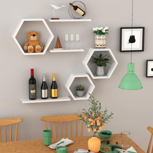 Anasay Floating Wall Shelves for Living Room Wall Mounted Set of 6 Hexagon Shelves for Photos Plants and Wall Decor Wall Shelves for Bedroom White
