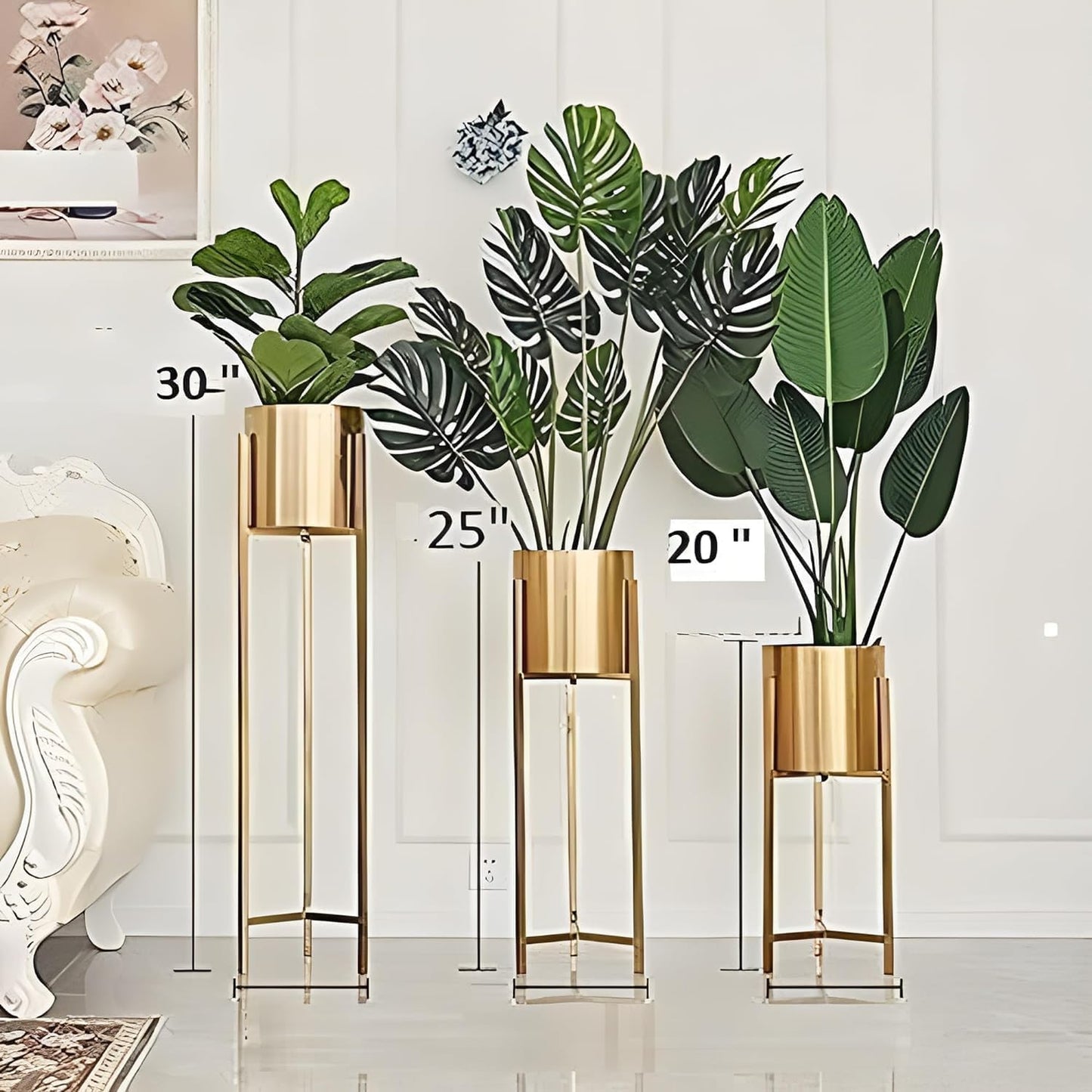 Modern Metal Floor Flower Stands Planter Stand with Planter Pot -Set of 3 Golden)