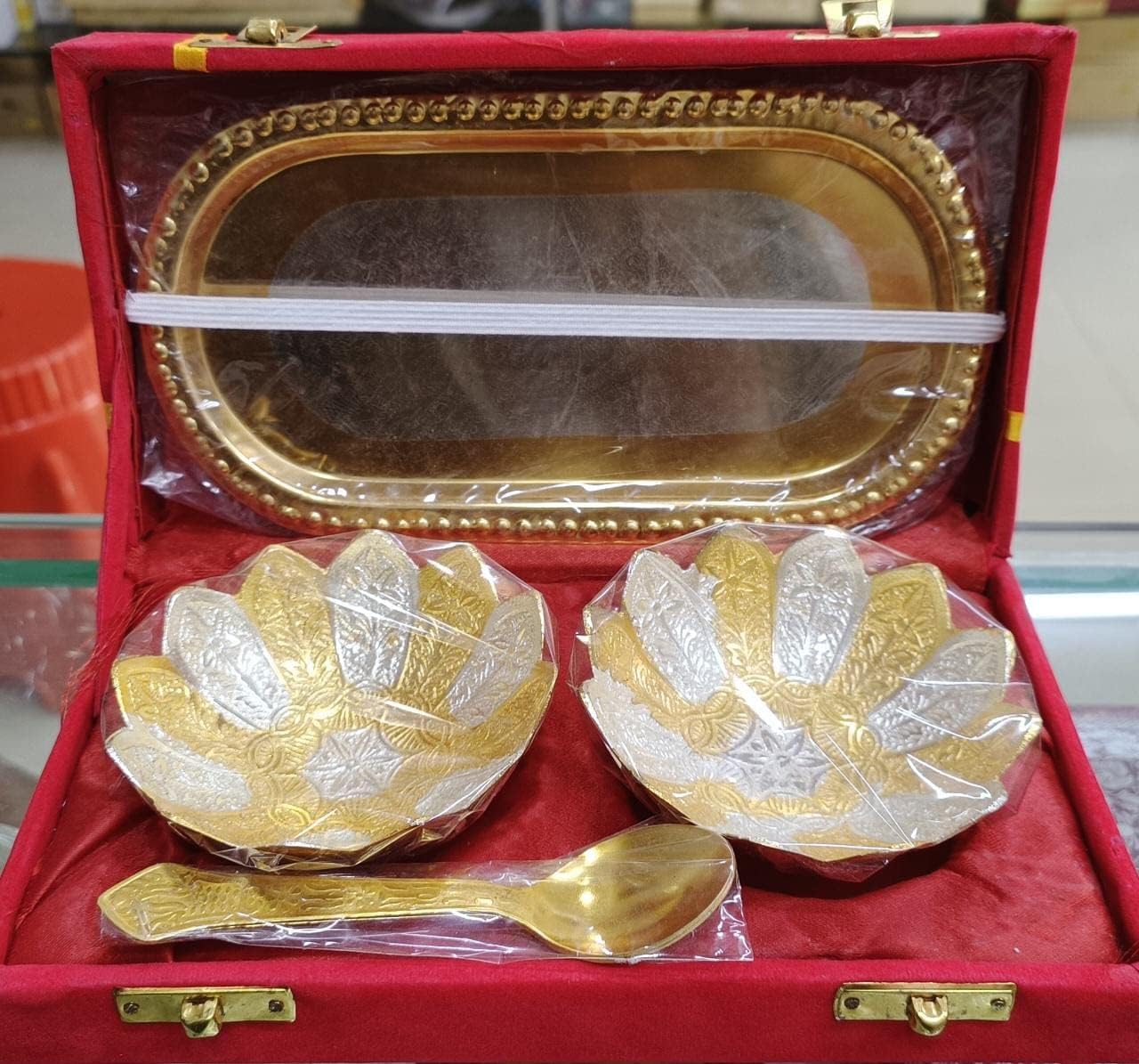 Premium Anasay BestCraft German Silver Floral Engraved Bowl & Spoon Set with Tray