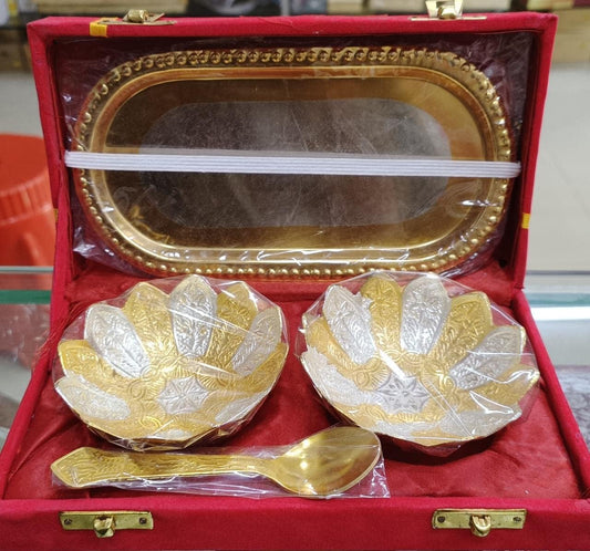 Premium Anasay BestCraft German Silver Floral Engraved Bowl & Spoon Set with Tray