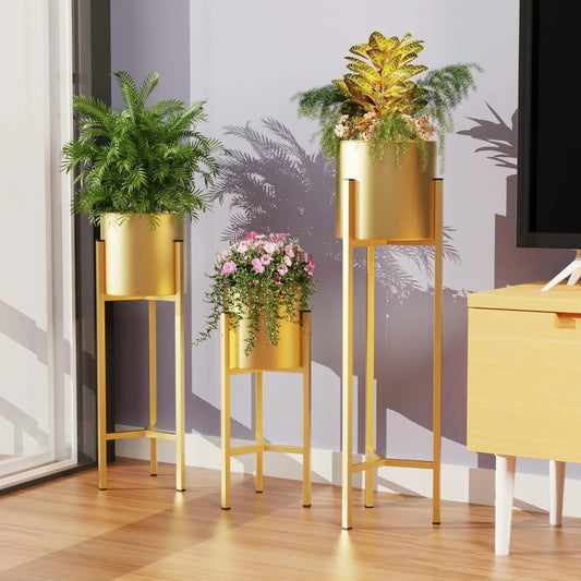 New Modern Metal Floor Flower Stands Planter Stand with Planter Pot -Set of 3 Golden)