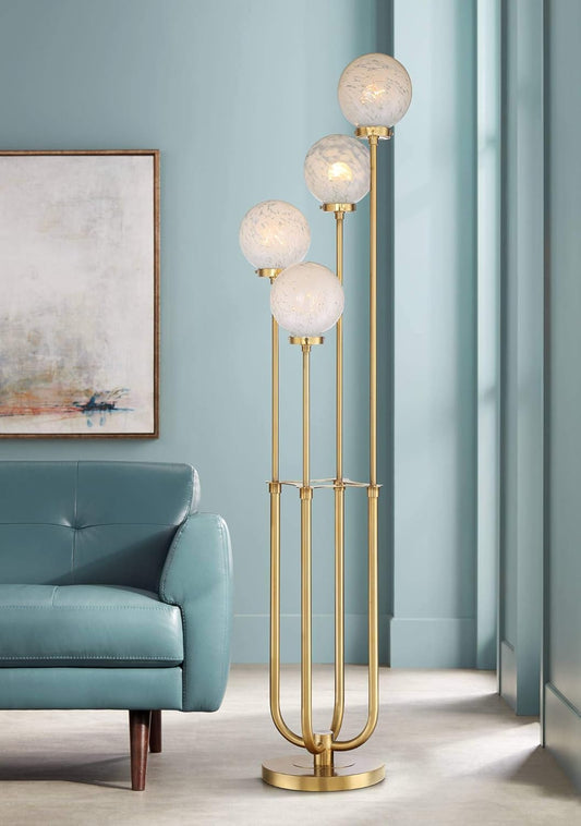 Anasay Mid-Century Glam 4-Light Gold Floor Lamp with Glass Globe Shades