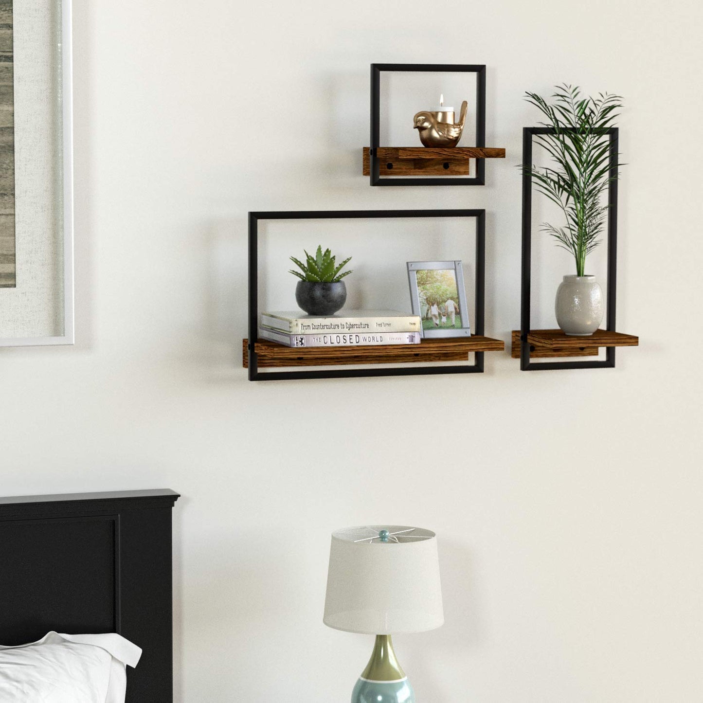 Anasay Metal Frame Rustic Wooden Floating Hanging Set of 3