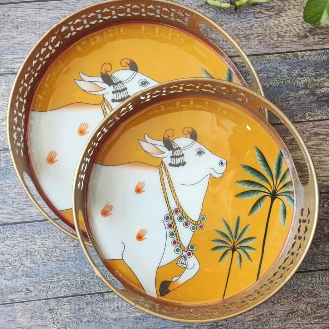 Metal Round Tray Set Of 2 Cow Pichwai Tray (Size = 8" And 10