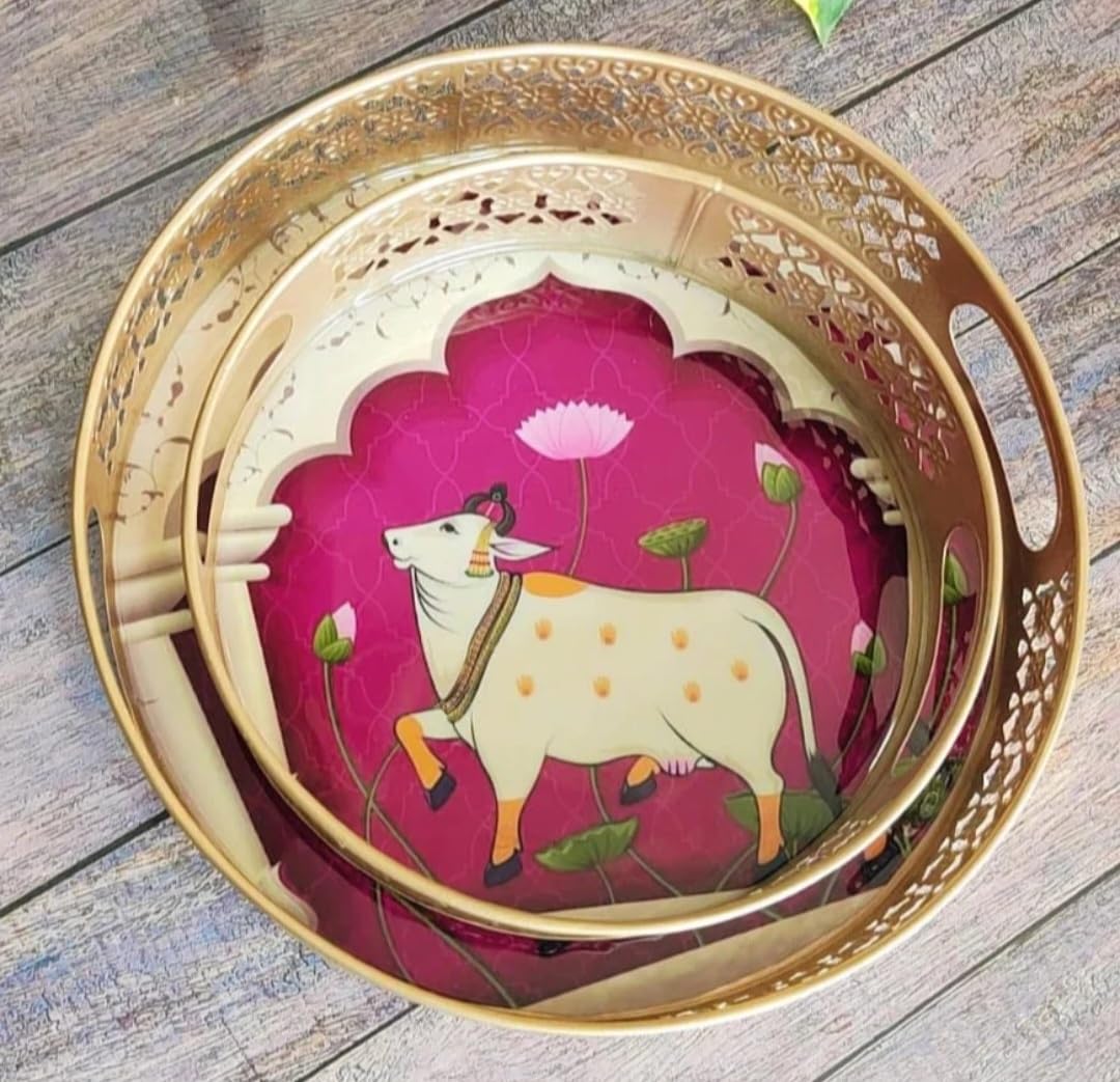 Metal Round Tray Set Of 2 Cow Pichwai Tray (Size = 8" And 10