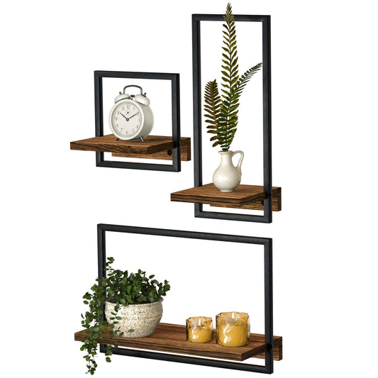 Anasay Metal Frame Rustic Wooden Floating Hanging Set of 3