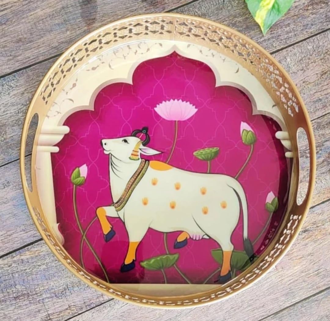 Metal Round Tray Set Of 2 Cow Pichwai Tray (Size = 8" And 10