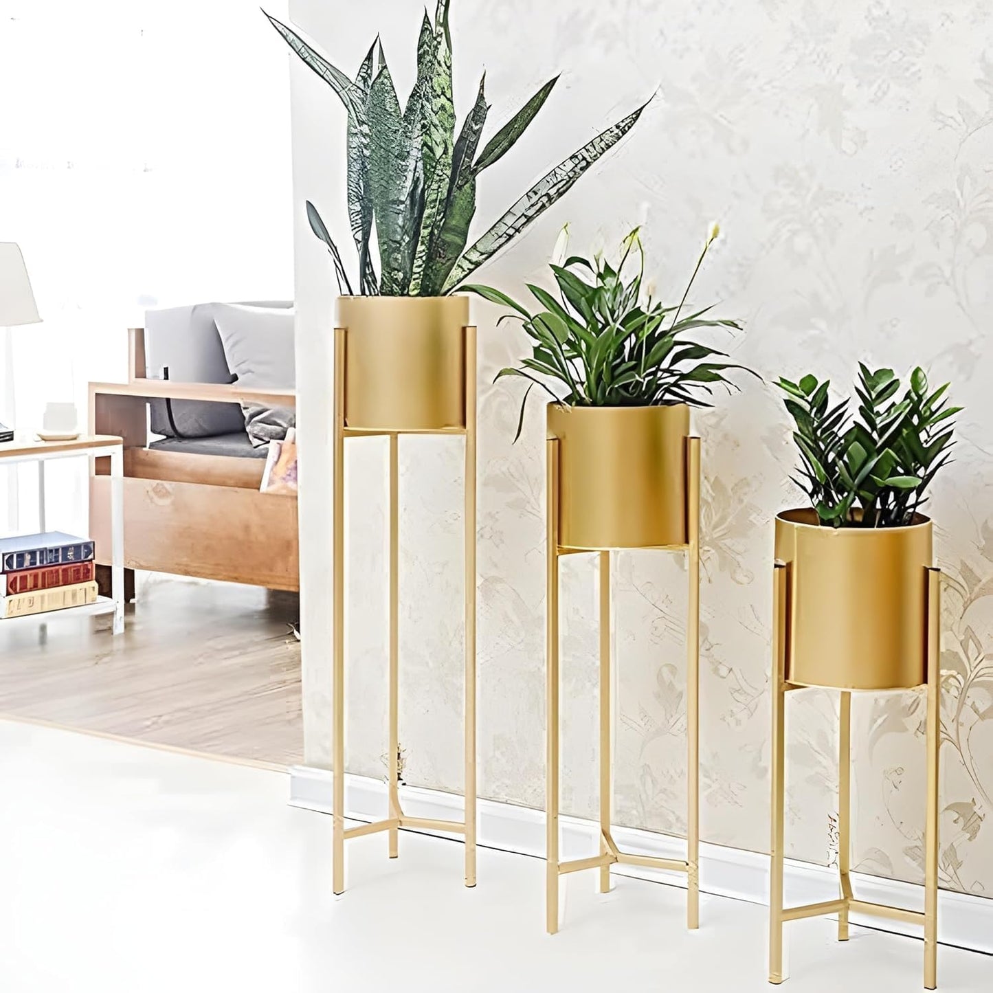 Modern Metal Floor Flower Stands Planter Stand with Planter Pot -Set of 3 Golden)