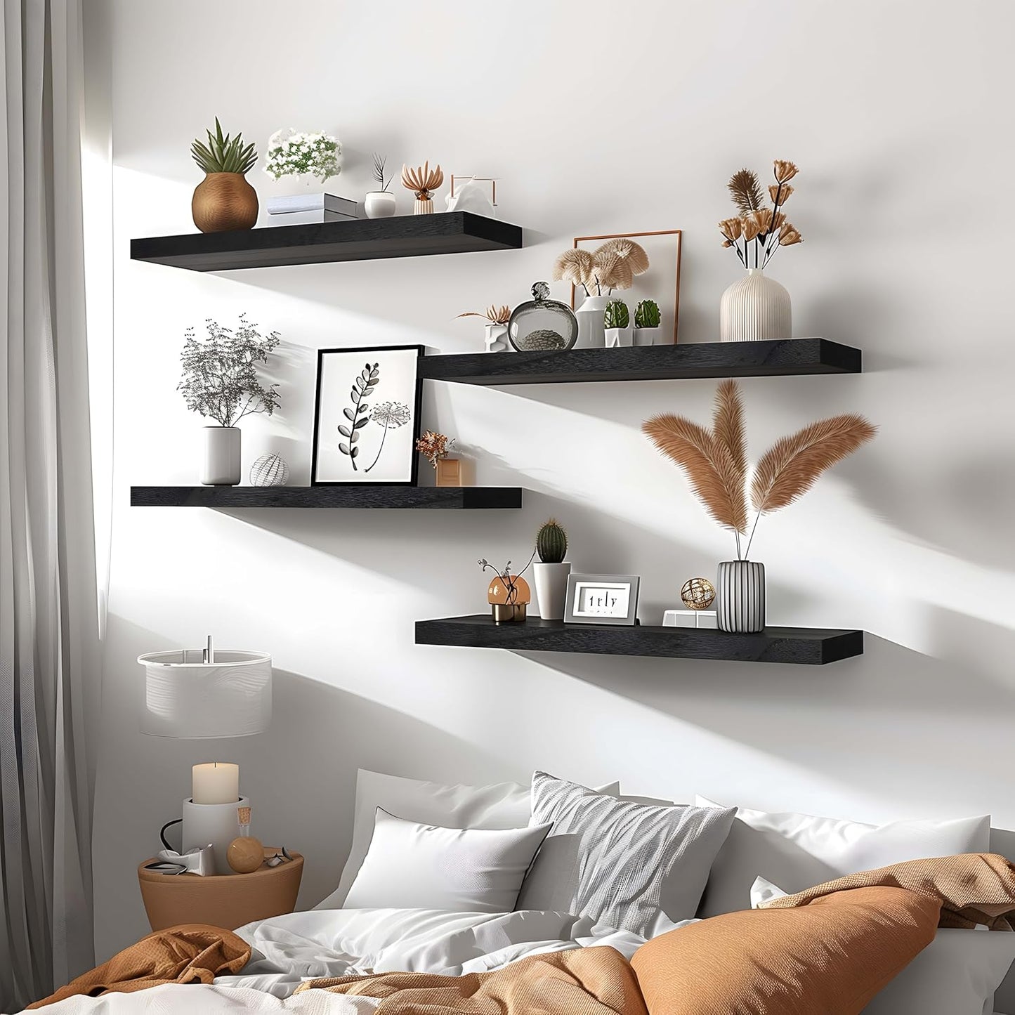 Anasay Black Wood Floating Shelves for Wall Rustic Wall Shelves for Bedroom Set of 4