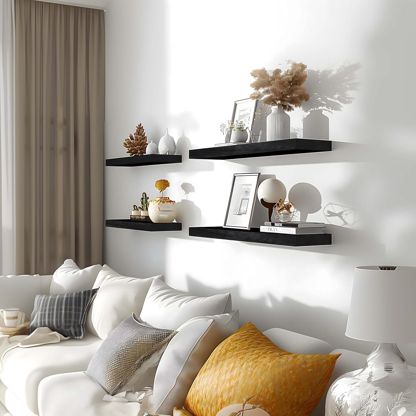 Anasay Black Wood Floating Shelves for Wall Rustic Wall Shelves for Bedroom Set of 4