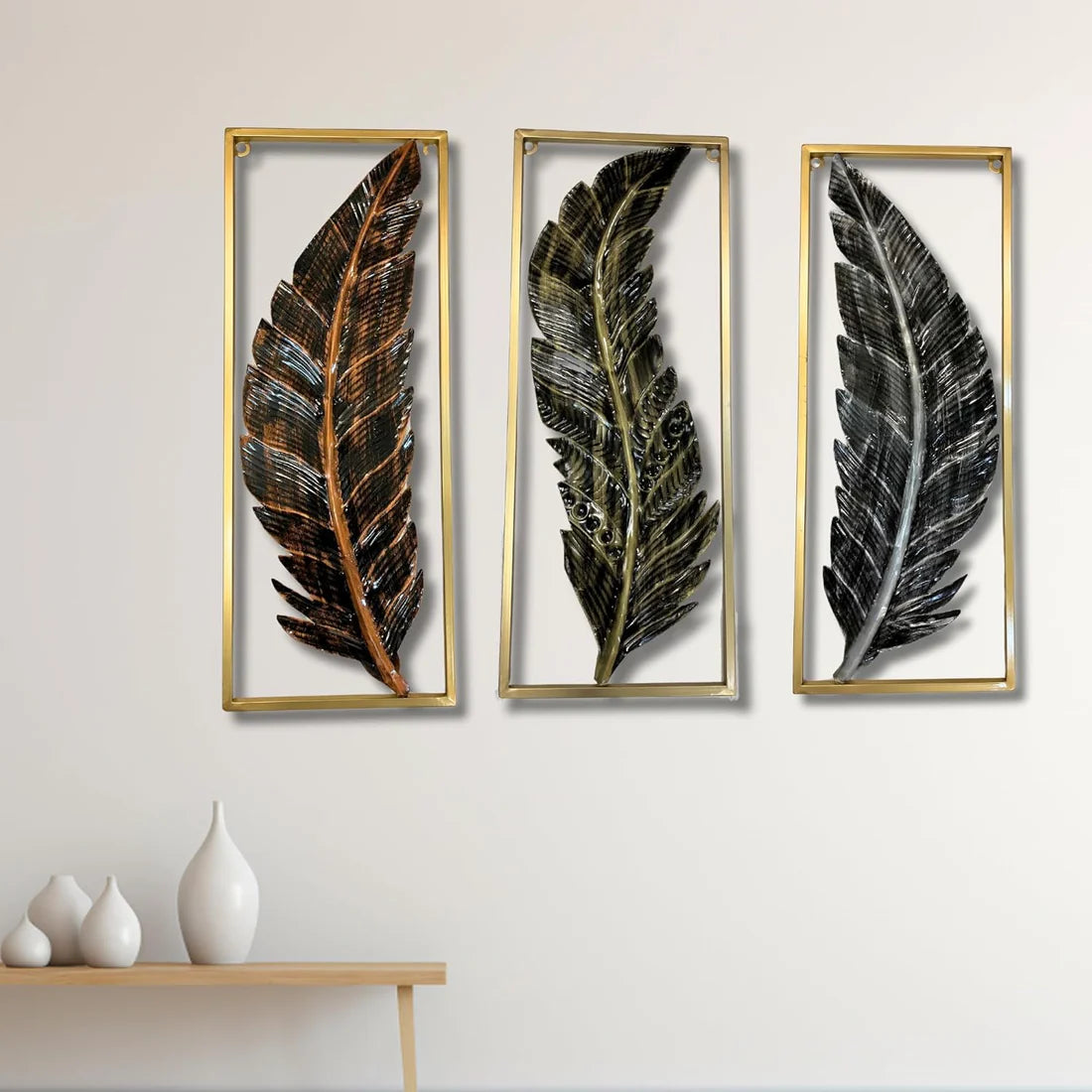 Metal Frame Leaf Set of 3 Wall Art Decorations | Modern Luxury Metal Wall Art Decor, | Perfect 3D Wall Sculpture For Living Room, Restaurant, Hotel & Office (Antique)