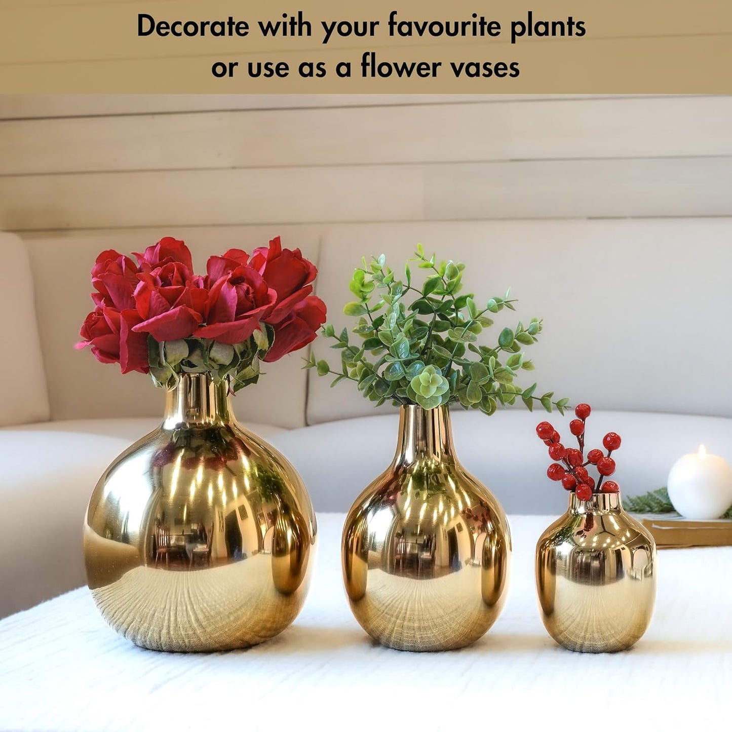 Anasay Elegant Golden Metal Flower Vase set of 3