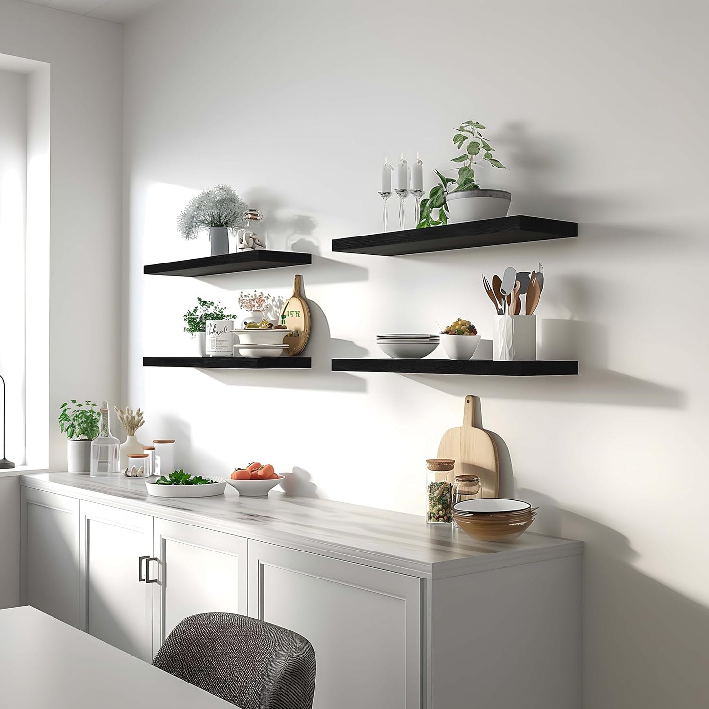Anasay Black Wood Floating Shelves for Wall Rustic Wall Shelves for Bedroom Set of 4