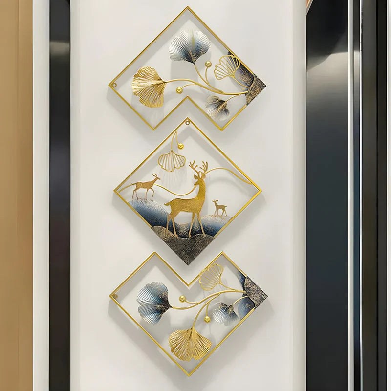 Deer Metal Wall Decor Gold Metal Wall Art 3 Piece Large Metal Art Wall Decor 3D Ginkgo Leaf 78x27in Aesthetic Wall Art for bedroom Office Dining Room Living Room