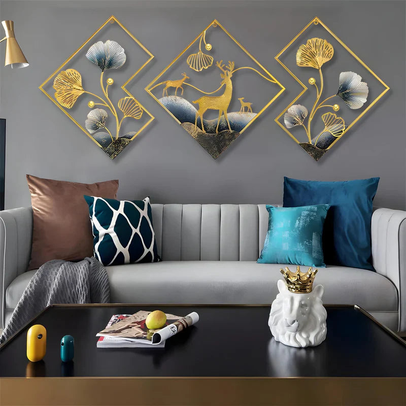 Deer Metal Wall Decor Gold Metal Wall Art 3 Piece Large Metal Art Wall Decor 3D Ginkgo Leaf 78x27in Aesthetic Wall Art for bedroom Office Dining Room Living Room