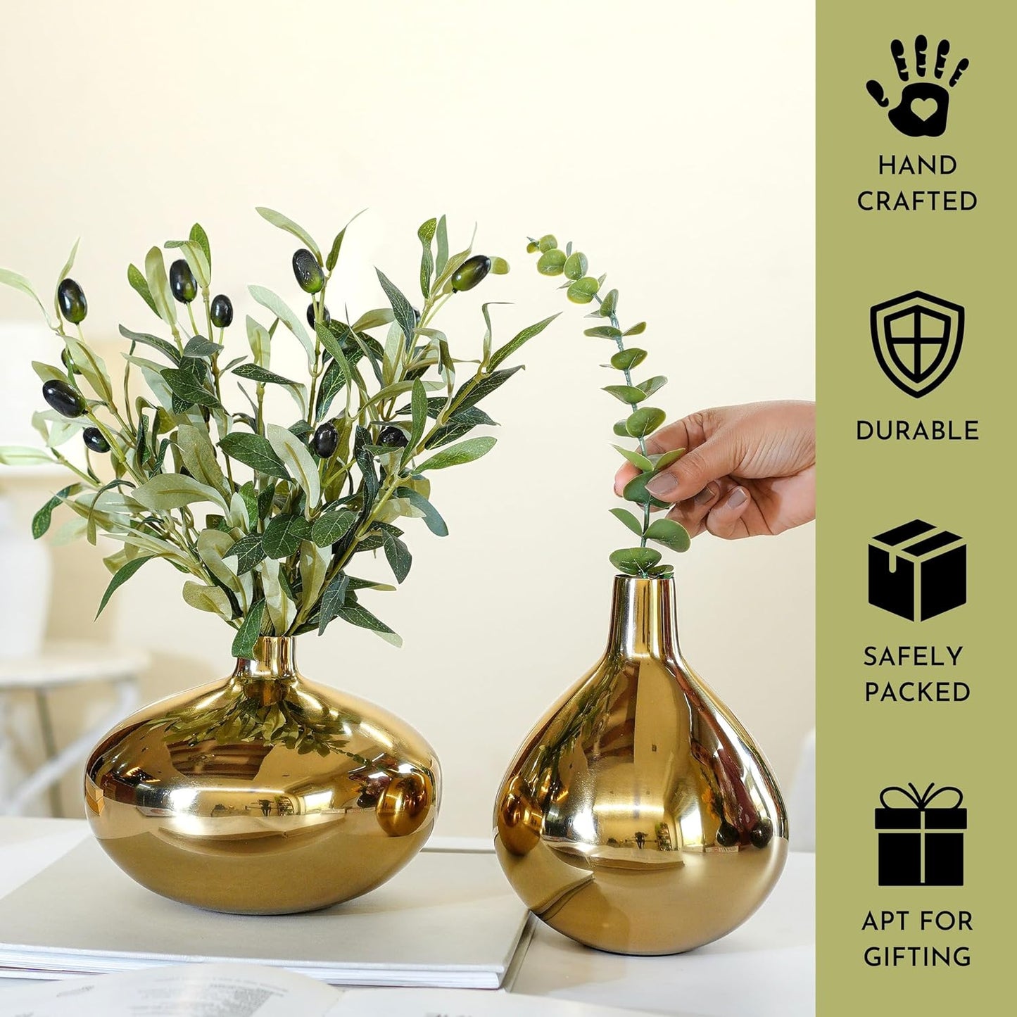 QC Anasay Premium Golden Metal Flower Vase Set Of 2