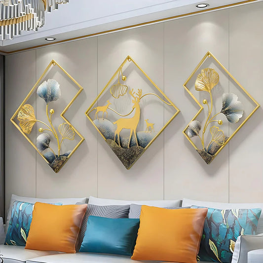 Deer Metal Wall Decor Gold Metal Wall Art 3 Piece Large Metal Art Wall Decor 3D Ginkgo Leaf 78x27in Aesthetic Wall Art for bedroom Office Dining Room Living Room