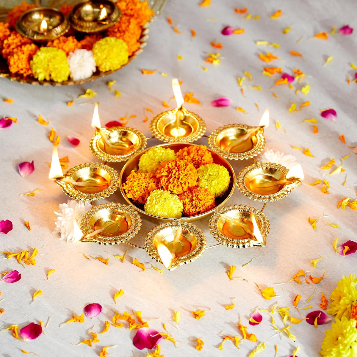 Anasay Diya Urli Iron Flower Decorative Urli for Home | Handcrafted | Golden