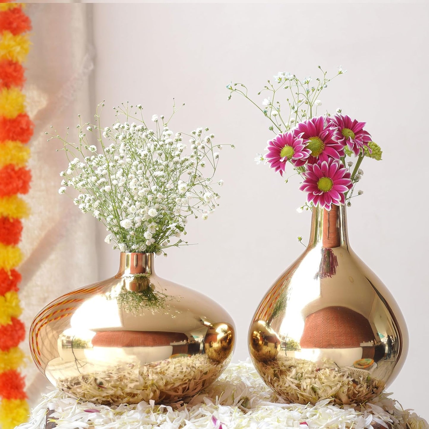 QC Anasay Premium Golden Metal Flower Vase Set Of 2