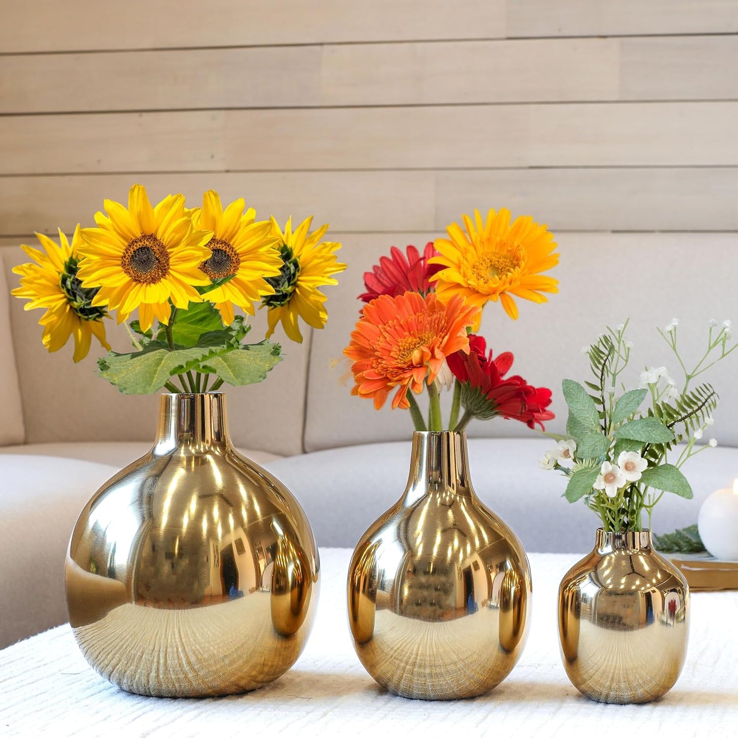 Anasay Elegant Golden Metal Flower Vase set of 3