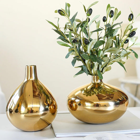 QC Anasay Premium Golden Metal Flower Vase Set Of 2