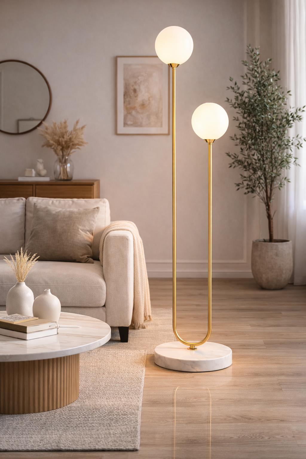 Modern Gold U-Shape Floor Lamp – Double Globe LED Standing Light