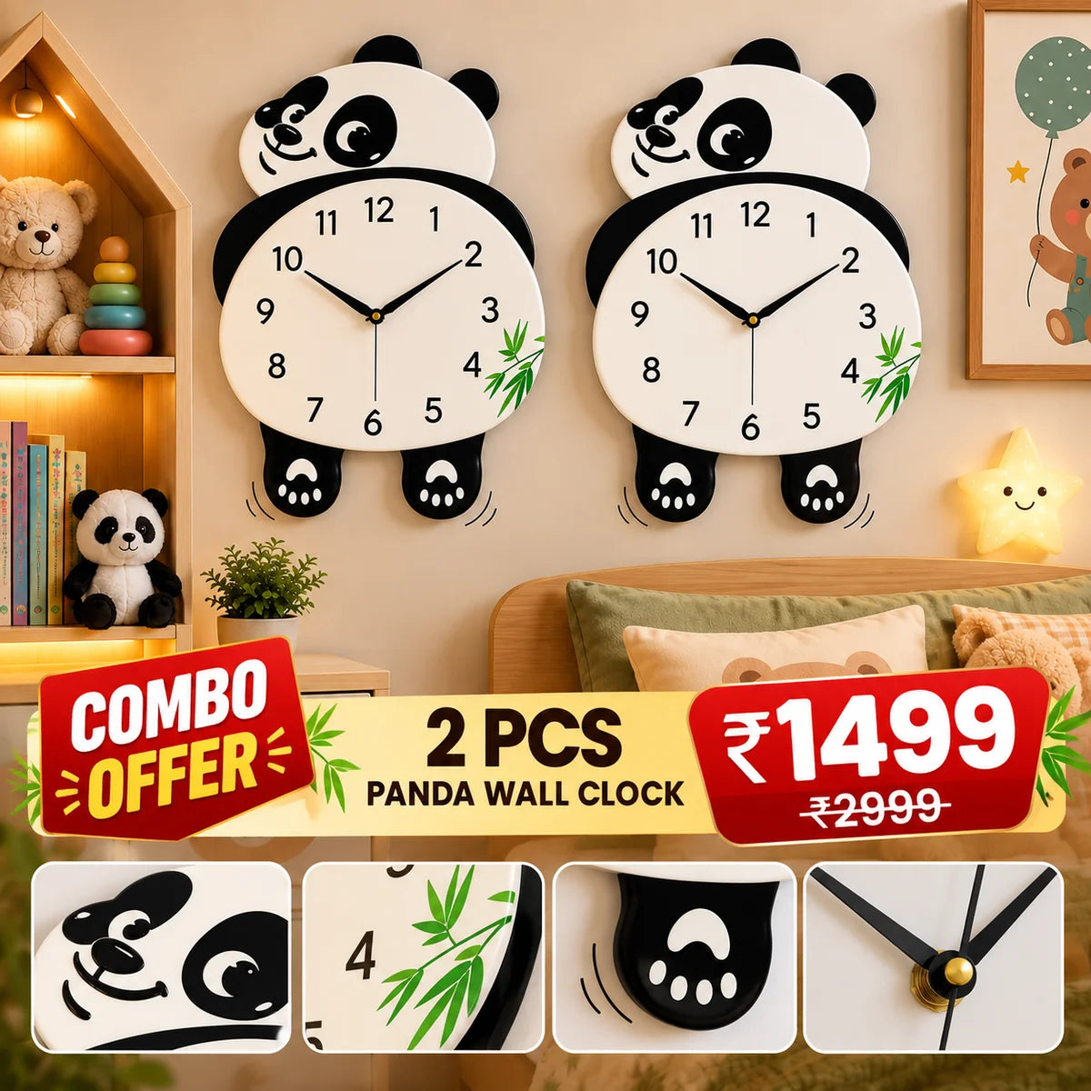 Cute Panda Wall Clock – Combo Pack