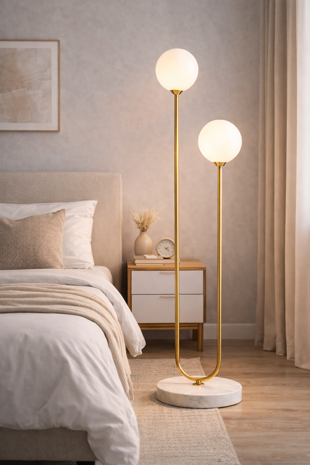Modern Gold U-Shape Floor Lamp – Double Globe LED Standing Light