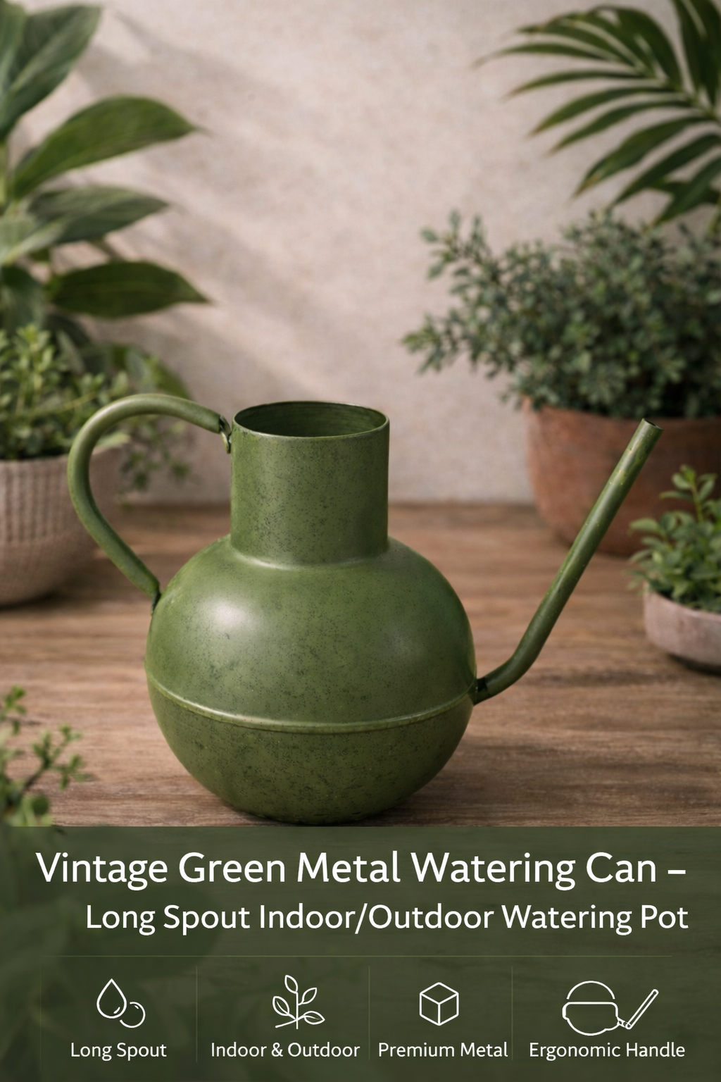 Premium Vintage Green Watering Can – Long Spout Plant Waterer