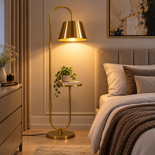 Lamp Stand Antique Brass Gold Finish 5 Feet Height 10 Inch Wide Mirror with White Lamp (1 White) LED, Lamp, CFL, Smart Bulbs