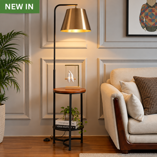 End Table with Lamp, Home Iron Floor Lamp, Floor Lamp with Storage Shelves