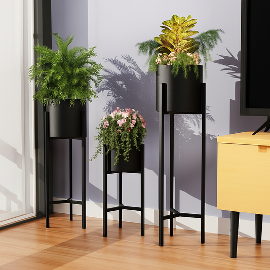 New Modern Metal Floor Flower Stands Planter Stand with Planter Pot -Set of 3 Black)