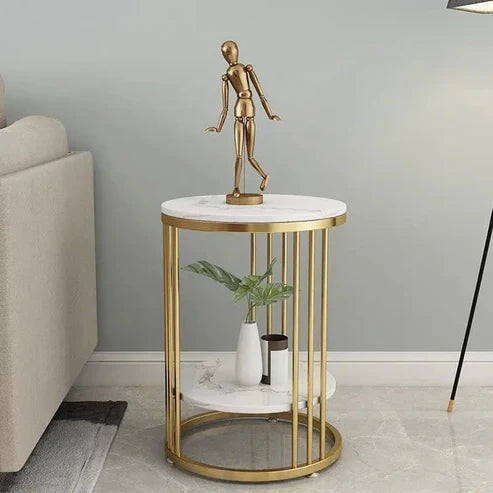 Anasay Two-Layer Marble-Finish Wooden Top Side Table with Iron Stand