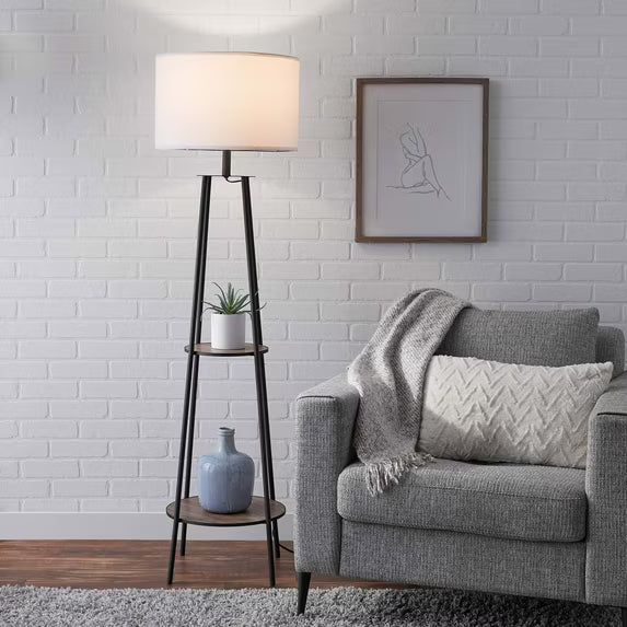 Anasay Mid-Century Matte Black Floor Lamp with Wooden Shelves