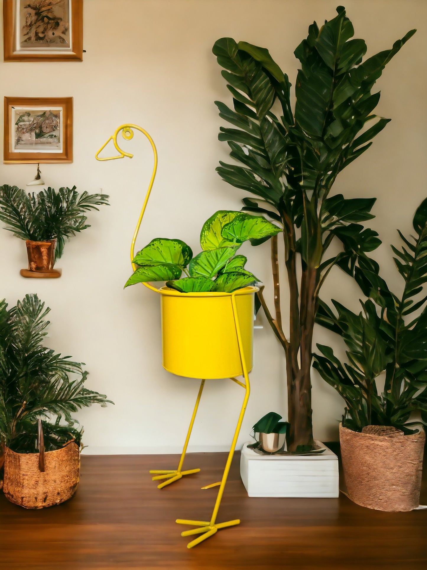 Modern Metal peacock Flower Stands Planter Stand with Planter Yellow Color