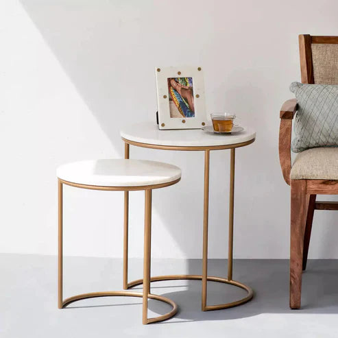 Anasay White Marble-Finish Wooden Top Coffee Table Set of 2 with Iron Stand Base