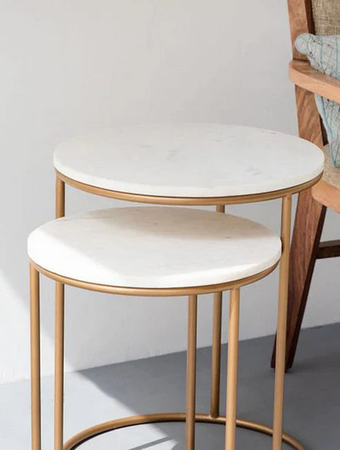 Anasay White Marble-Finish Wooden Top Coffee Table Set of 2 with Iron Stand Base
