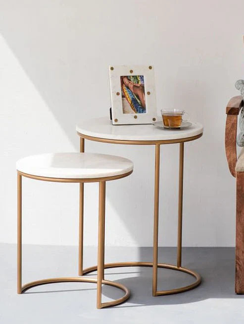 Anasay White Marble-Finish Wooden Top Coffee Table Set of 2 with Iron Stand Base