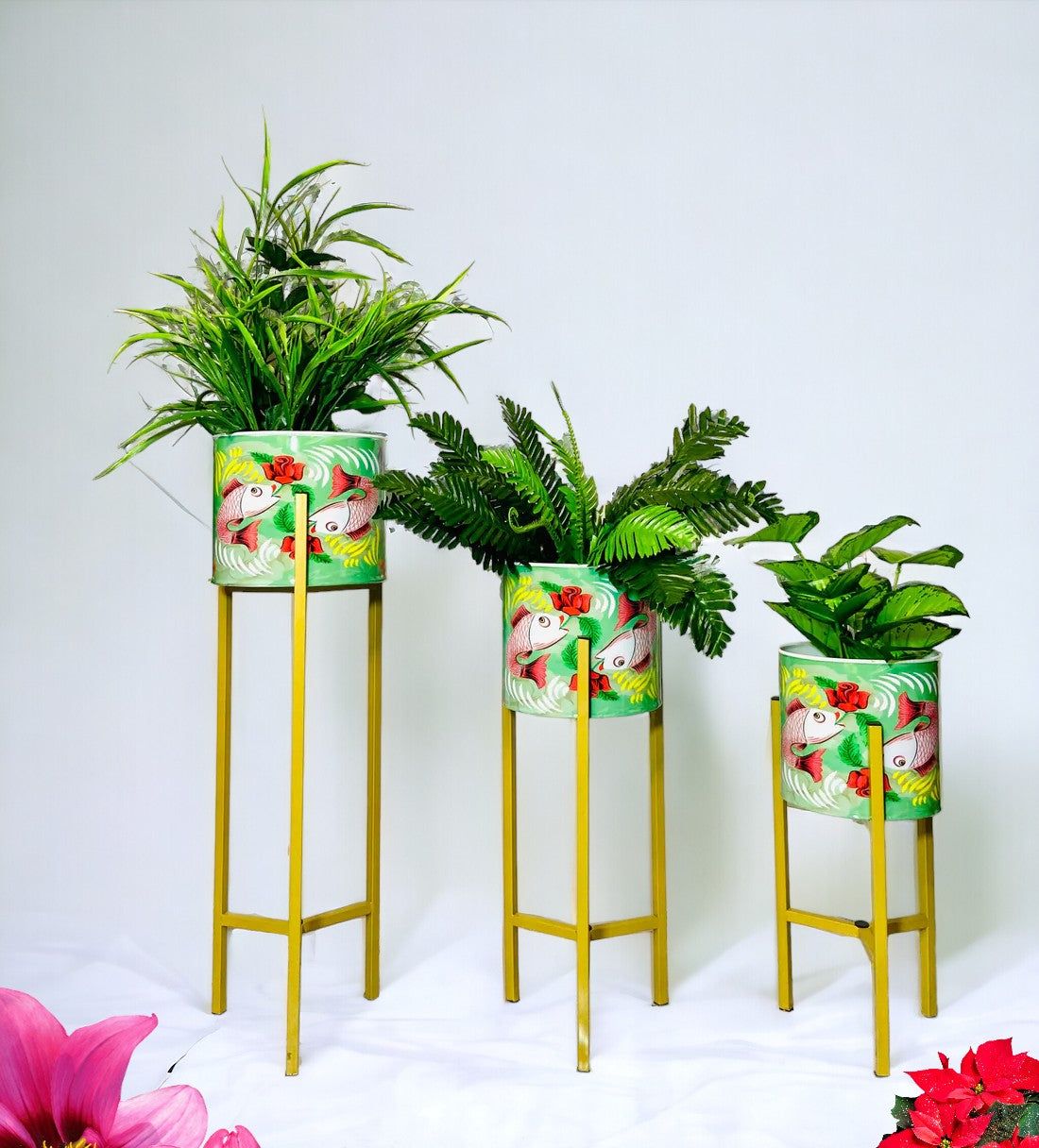 Modern Metal Floor Flower Stands Planter Stand with Planter Pot -Set of 3 Enamel) 06