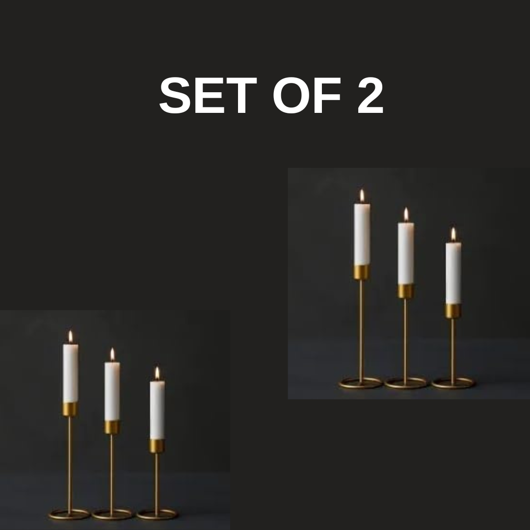 “Anasay Modern Gold Candlestick Holders Set of 3 – Metal Taper Holders with White Candles Included”