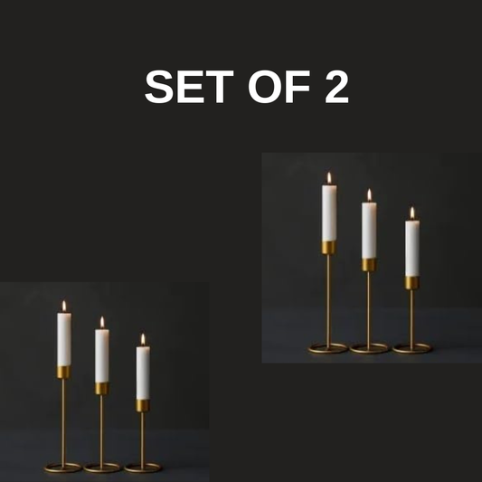“Anasay Modern Gold Candlestick Holders Set of 3 – Metal Taper Holders with White Candles Included”