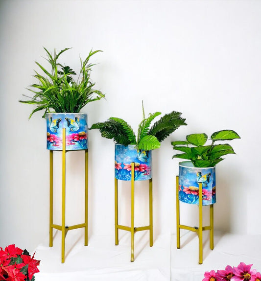 Modern Metal Floor Flower Stands Planter Stand with Planter Pot -Set of 3 Enamel) 07