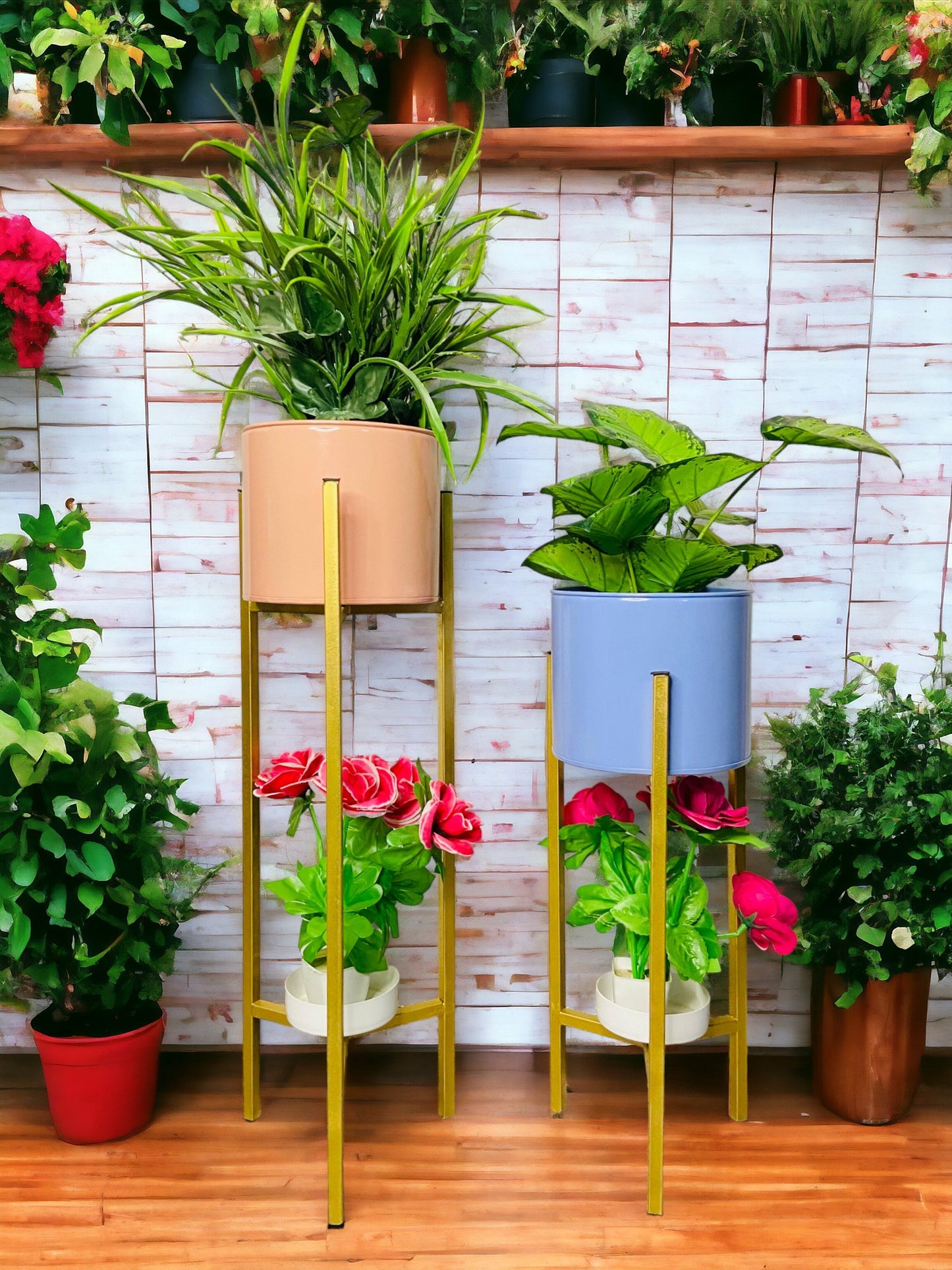 Modern Metal Floor Flower Stands Stand with Planter Set of-2