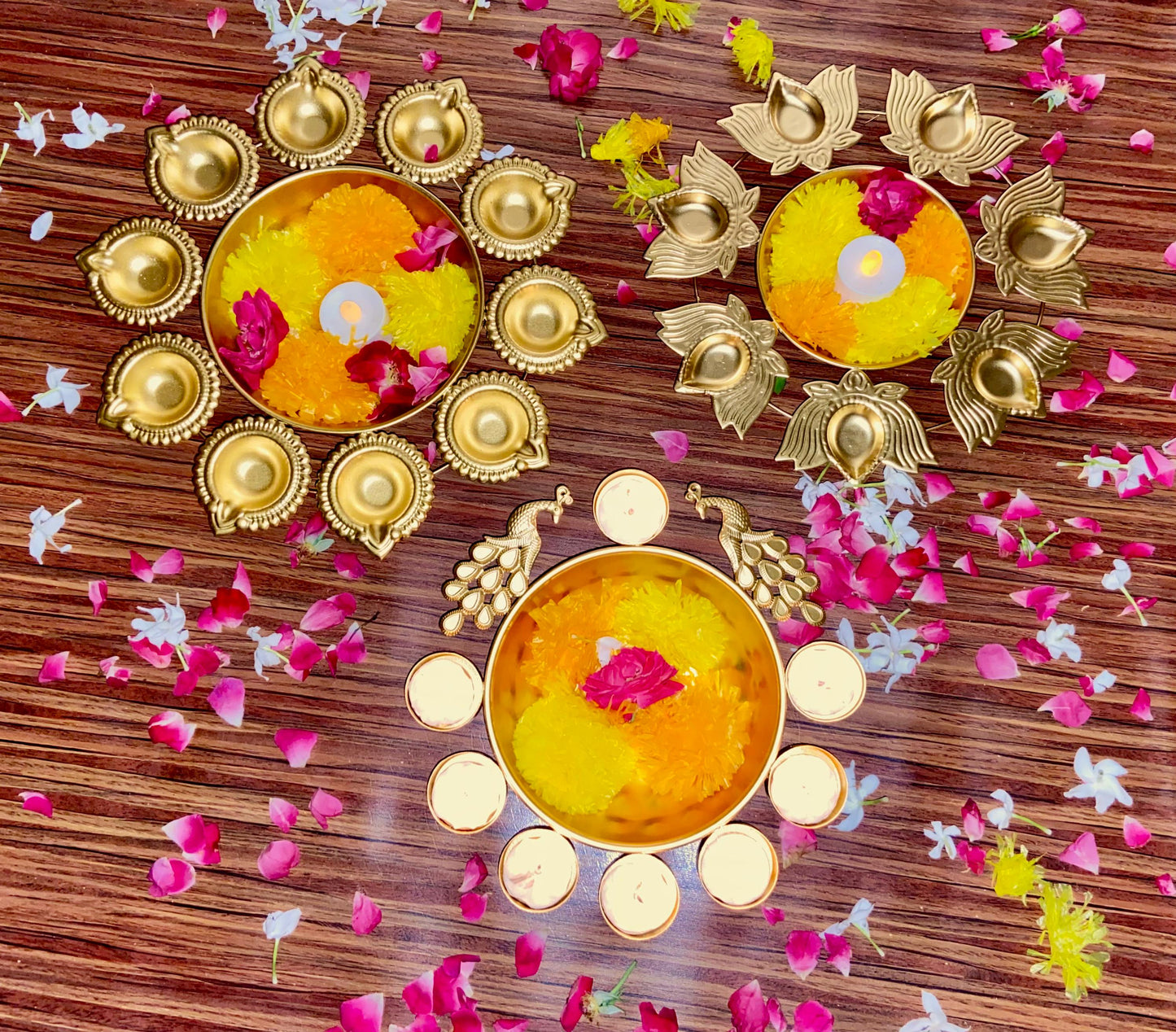 Copper Metal Diya Urli Home,Office Table Decor Diwali Decoration Items for Home Set of 3 (Size 10,10 and 12 inches)