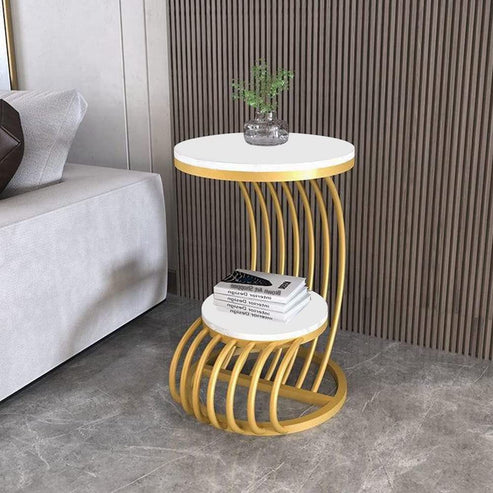 Anasay Premium Golden Metal Side Wooden Top Table with Marble Finishing