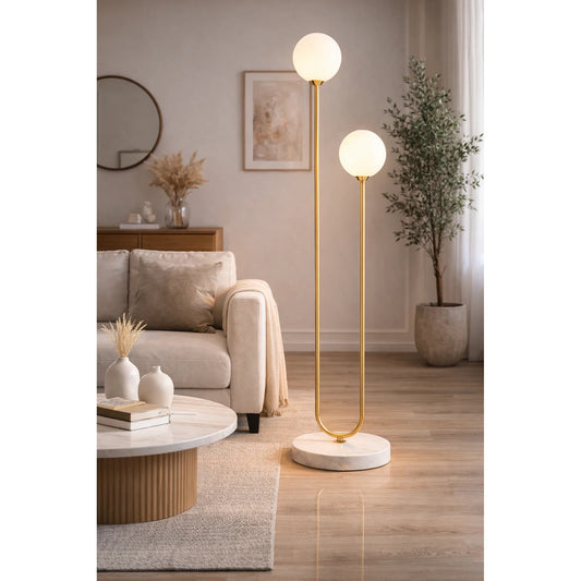 Modern Gold U-Shape Floor Lamp – Double Globe LED Standing Light