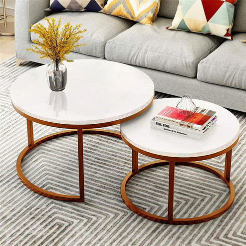 Anasay Classic Style White Round Coffee Table Set of 2 with Marble Finishing Wooden Tops
